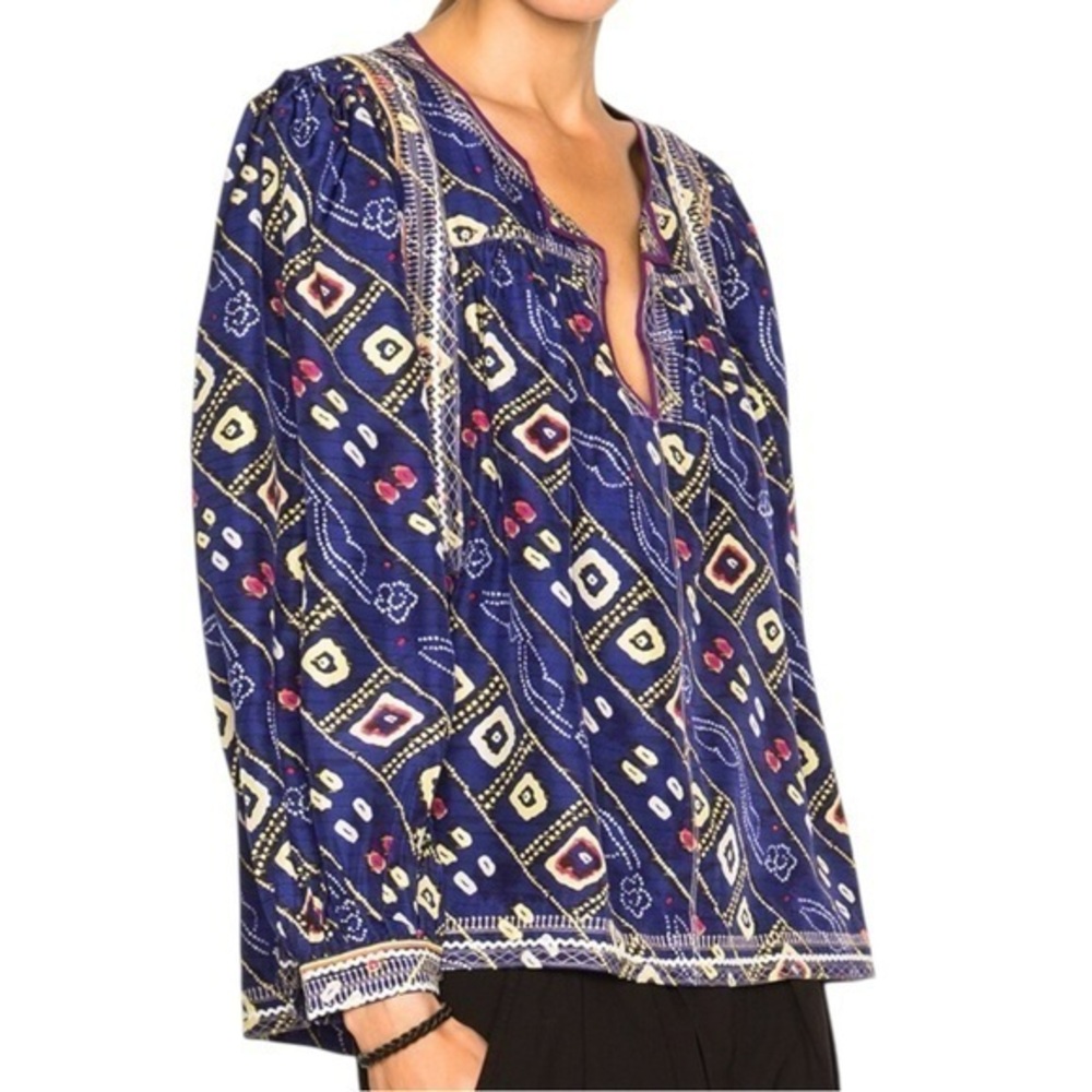 Isabel Marant Womens Size 40 M Blue Yellow Tyron Embroidered Printed Silk Blouse